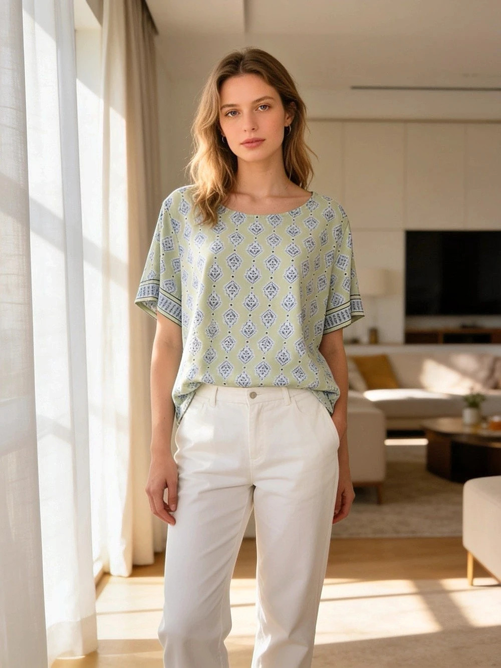 Pure Jill Scoop-Neck Elliptical Tee Geometric Pima Cotton Tee in Green Size XL